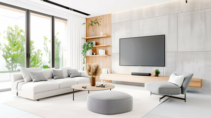 Living room with modern interior and stylish home decor featuring a cozy sofa and elegant furnishings