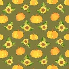 Vector - seamless pattern of  sunflowers and pumpkins.