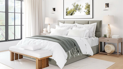 Bedroom design with modern interior featuring cozy bedding and stylish decor