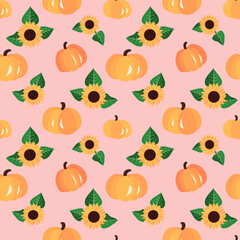 Vector - seamless pattern of  sunflowers and pumpkins.