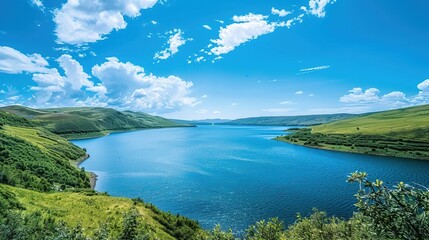 Serene landscape of lake surrounded by rolling green hills, tranquil atmosphere