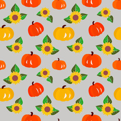 Vector - seamless pattern of  sunflowers and pumpkins.