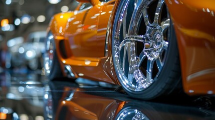 orange sports car showcasing polished chrome and sleek tires at an auto show shows off its...