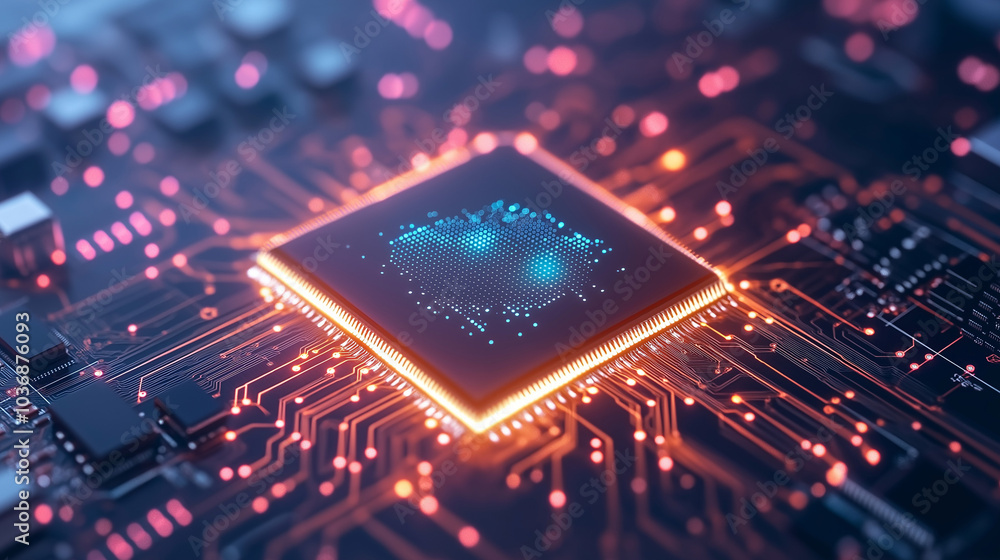 Poster artificial intelligence processor unit. powerful quantum ai component on pcb motherboard with data t
