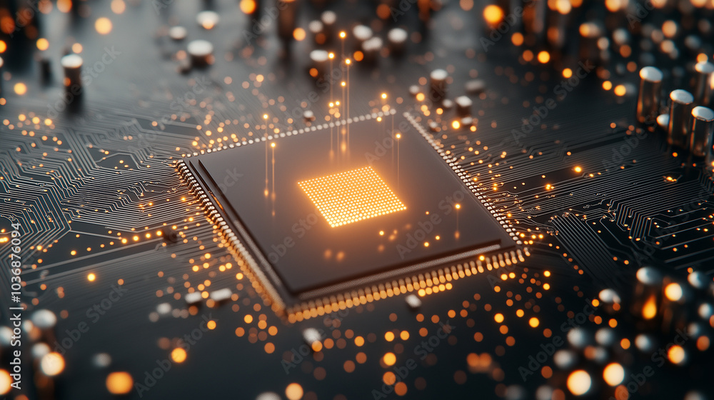 Poster artificial intelligence processor unit. powerful quantum ai component on pcb motherboard with data t