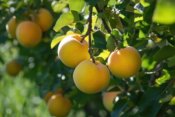 Golden apples glisten in the sunlight of a vibrant orchard during a tranquil summer afternoon