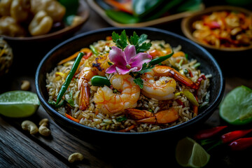 Shrimp fried rice topped with floral decoration and fresh vegetables, surrounded by cashew nuts, fresh lime, and pink peppercorns.