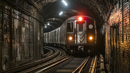 A subway train moves through a dimly lit urban tunnel, surrounded by weathered brick walls and illuminated by the train's headlights, capturing the essence of city life and transportation