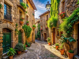 Fototapeta premium Candid photography captures the timeless charm of Perelada's medieval village streets, showcasing cobblestone pathways, historic architecture, scenic views, and a rustic atmosphere.