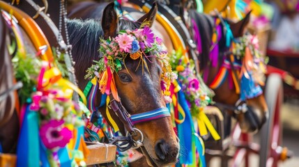 Fototapeta premium A horse-drawn carriage adorned with colorful ribbons and flowers at a countryside wedding venue with rolling hills and blooming gardens, Rural setting with romantic ambiance and natural beauty