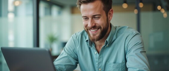 Obraz premium A cheerful man in a casual shirt smiles while working on his laptop. The image captures a positive work environment in a contemporary office space, highlighting productivity and happiness.
