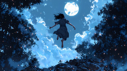 Ninja Girl Leaping Through Trees: Manga Art Under the Full Moon