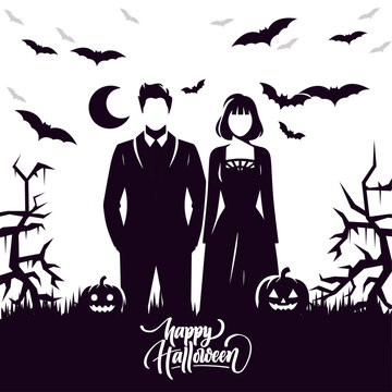 Elegant Halloween Couple Silhouette with Spooky Pumpkin and Bats, Gothic Halloween Scene with Moonlit Couple and Eerie Jack-o'-Lantern, Mystical Halloween Night with Dark Silhouettes, Bats.