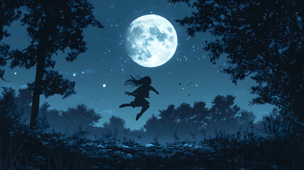 Ninja Girl Leaping Through Trees: Manga Art Under the Full Moon