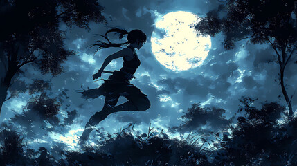 Ninja Girl Leaping Through Trees: Manga Art Under the Full Moon