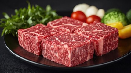 Juicy Raw Wagyu Beef Display on Plate