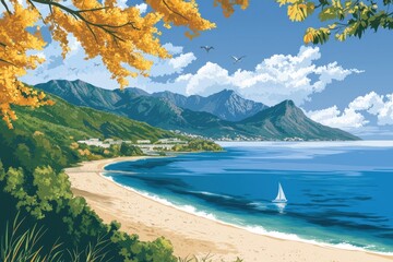 Fototapeta premium A serene beach view with mountains and sailboats under a vibrant autumn sky