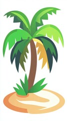 A vibrant palm tree swaying gently on a sunny tropical beach surrounded by sand and greenery