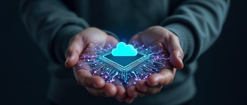 Close-up of hands presenting a glowing digital cloud on a microchip, symbolizing data storage, cloud computing, and modern technology innovations in digital transformation and secure information handl