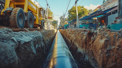  A close-up of a water pipeline being installed in a construction trench at an urban site, with heavy equipment and excavated soil framing the process