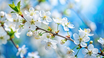 Obraz premium Delicate White Flowers from Fruit Tree with Soft Focus Blue Background for Spring Season, Seasonal Newsletters, Floral-Themed Calendars, and Desktop Wallpapers