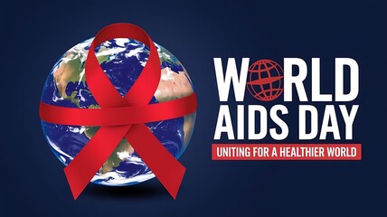 World Aids day illustration banner with red ribbon and earth globe, HIV awareness banner