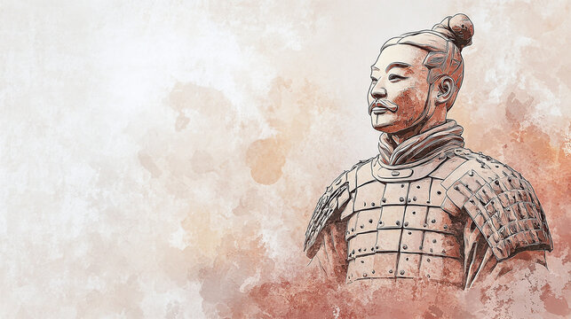  A detailed illustration of a Terracotta Army soldier statue against a plain, textured background. The image highlights the craftsmanship and historical significance of ancient Chinese culture