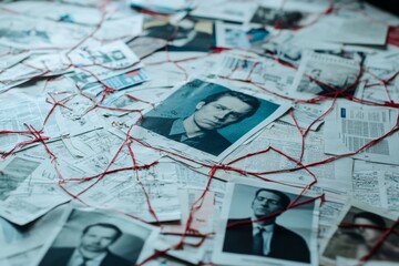 Investigative Crime Board with Red String Connections on Documents