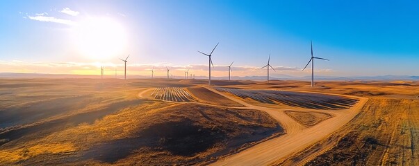 Aerial view of a wind farm with wind turbines in a field, under a blue sky with clouds and sunshine. The road to the future is bright.