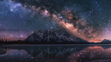Night sky full of stars over lake and mountain, peaceful and magical scene