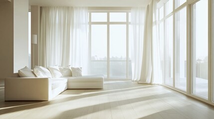 Obraz premium A bright and airy living room with a white sofa, light wooden floors, and modern with natural light pouring in from large floor-to-ceiling windows.