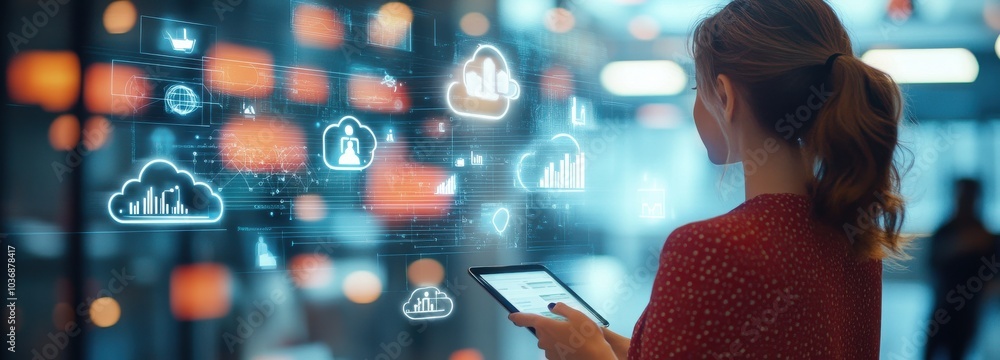 Poster modern digital cloud computing concept with interconnected devices symbolizing data sharing and netw