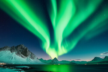 The sky is lit up with green auroras, creating a beautiful and serene atmosphere