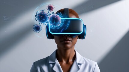 Healthcare Professional Using Advanced Virtual Reality Technology to Study COVID-19 Virus Visualization for Innovative Medical Solutions and Research Insights