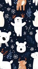 Cozy winter animals polar bears, reindeer, snowflakes