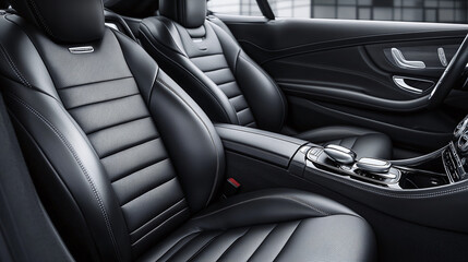 A premium car interior with black leather upholstery, offering sleek design, comfort, and luxury. The smooth lines and modern touches highlight automotive craftsmanship.