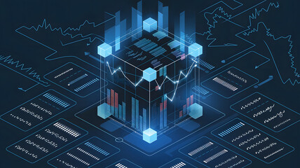 A cube of digital lines, filled with financial charts, representing a structured business strategy. ( Business Concept ).