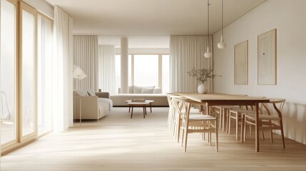 Fototapeta premium A bright Scandinavian living and dining room with light wood floors, a cozy grey sofa, and a wooden dining table with simple white chairs, illuminated by large windows letting in natural light.