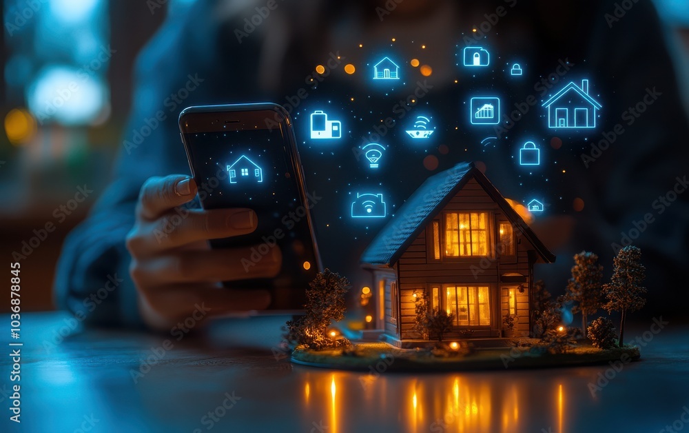 Poster smart home technology concept with hands holding smartphone projecting connected icons of home autom