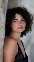 Fototapeta premium Radiant young woman with curly hair posing gracefully against a textured stone wall