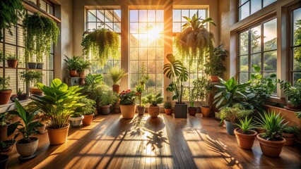 Obraz premium Warm sunlight filtering through windows illuminates a serene indoor space, casting intricate shadows of lush potted plants, creating a peaceful atmosphere.