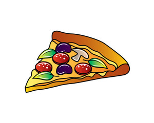 Original vector illustration of a slice of pizza with olives, salami, mushrooms and greens in vintage style.