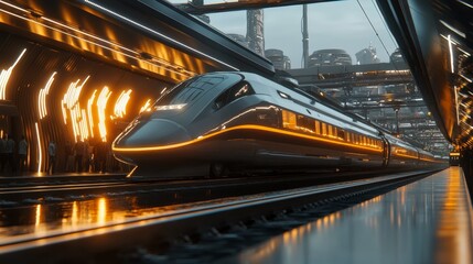 A bullet train approaching a futuristic station at dusk, with lights illuminating the modern architecture and passengers waiting.