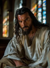Fototapeta premium Cinematic Image of Jesus Christ in Stained Glass Church Setting