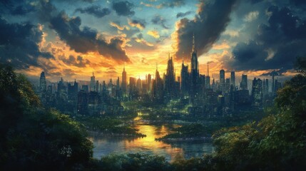Naklejka premium Urban Skyline at Dusk with Golden Sunset and Cloudy Skies Reflecting on the River