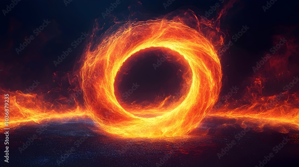 Poster a vivid circular flame emanating intense heat and light, creating a mesmerizing focal point against 