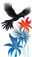 A striking black bird soaring above vibrant tropical flowers in a colorful botanical landscape