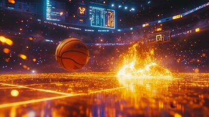 A burning basketball crashing down onto a gleaming court, sparks scattering as it hits the floor, with the scoreboard and arena lights in the background amplifying the energy.