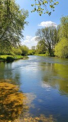 Tranquil river flows through lush greenery under a bright blue sky in springtime