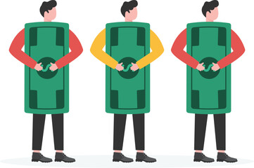 Isometric businessman and businesswoman holding a thick stack of banknotes in hands, business insurance,

